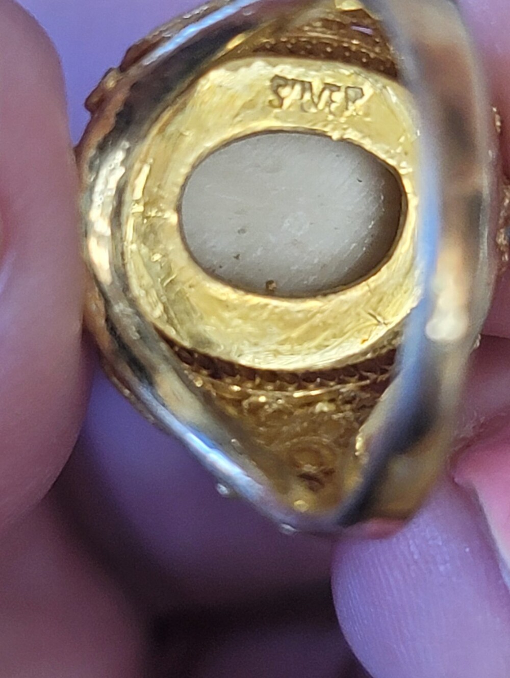 RARE Antique Ring, Hand-Painted Bird Porcelain Cameo, Gold Vermail Over Silver - Picture 10 of 11
